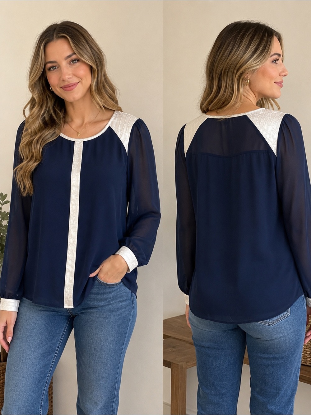 Millibon Navy Sheer Blouse Women’s Medium White Faux Croc Trim Long Sleeve